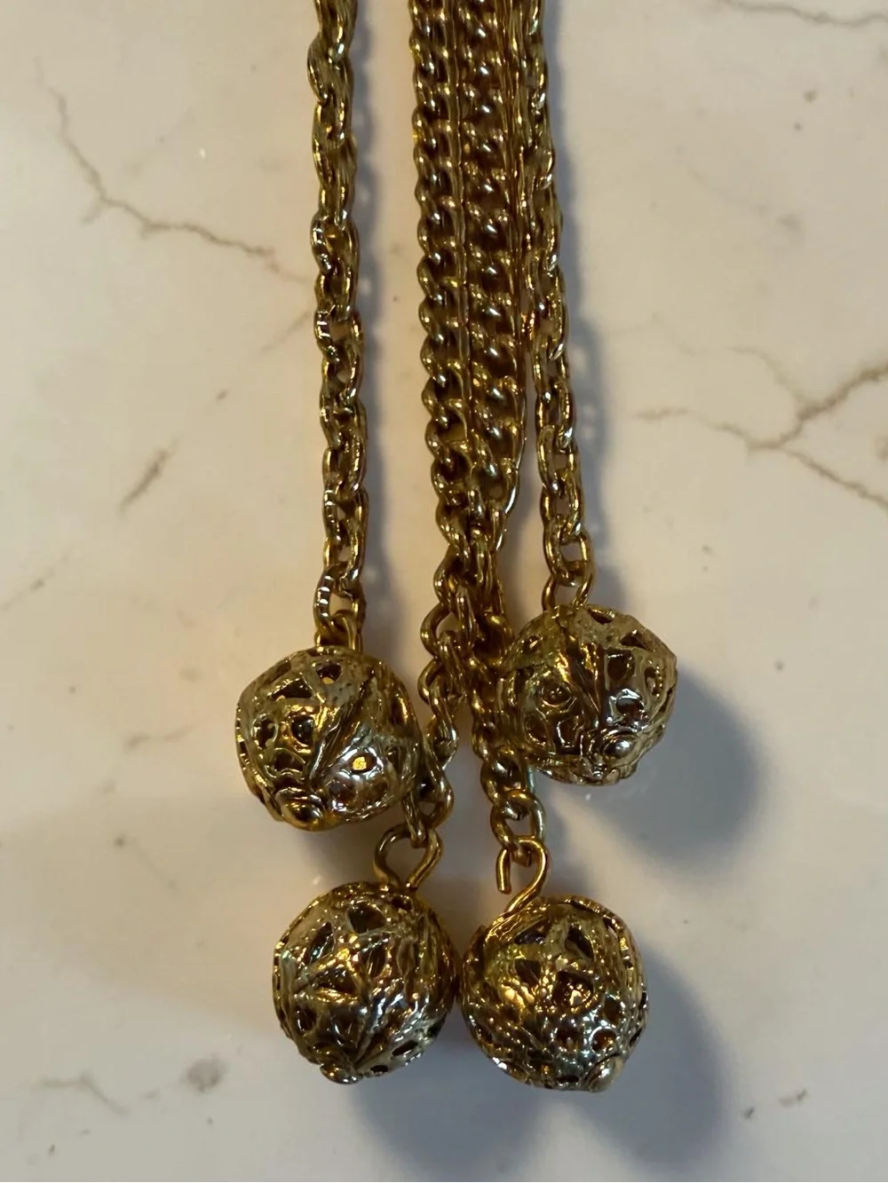 Vintage Gold-Tone Filigree Pendant Brooch with Amber Stone and Chain Tassels